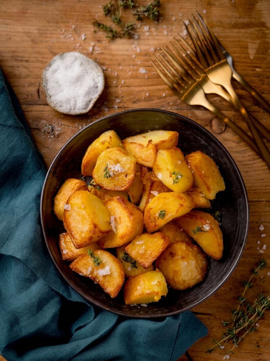 Air fryer roast potatoes served in a styled scene