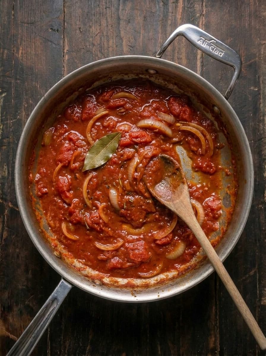 Building the tomato sauce for cacciatore