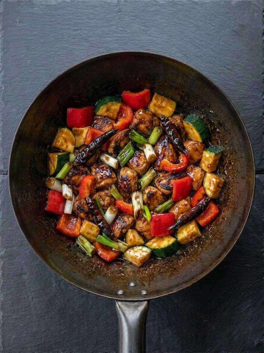 Kung pao sauce with chillies coating the chicken