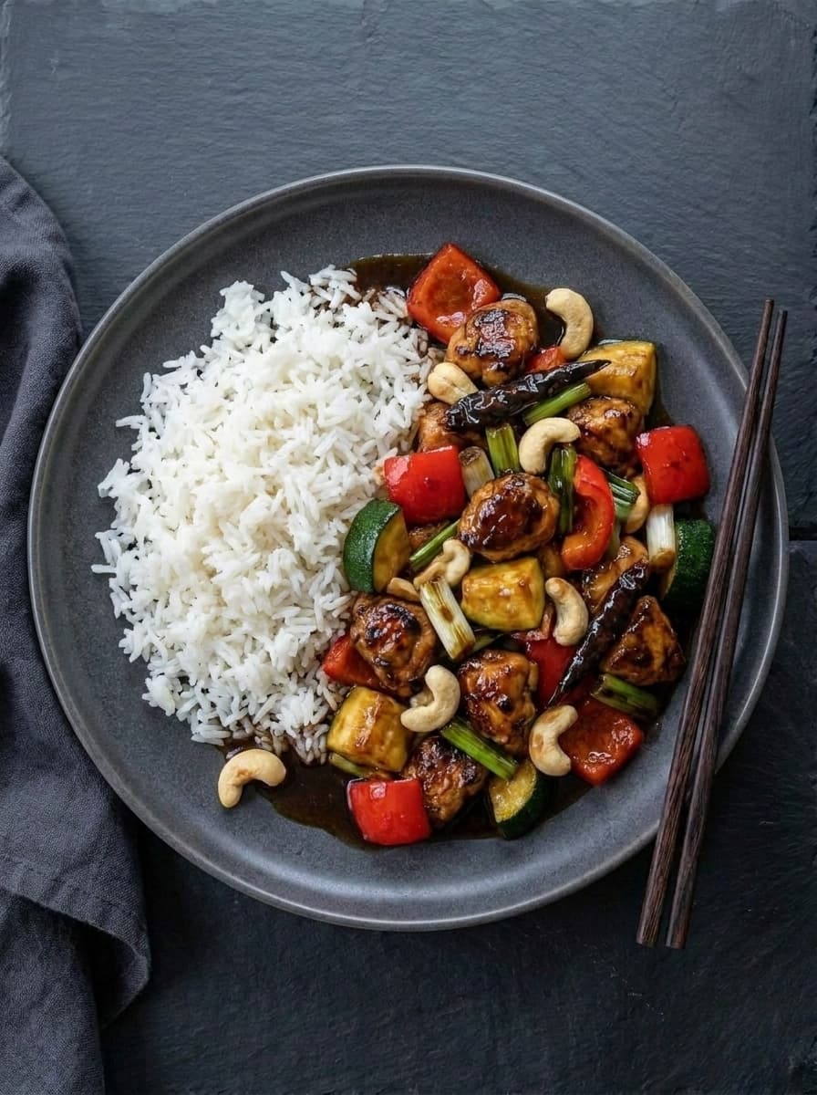 Kung pao chicken — glossy sauce with peanuts and chillies