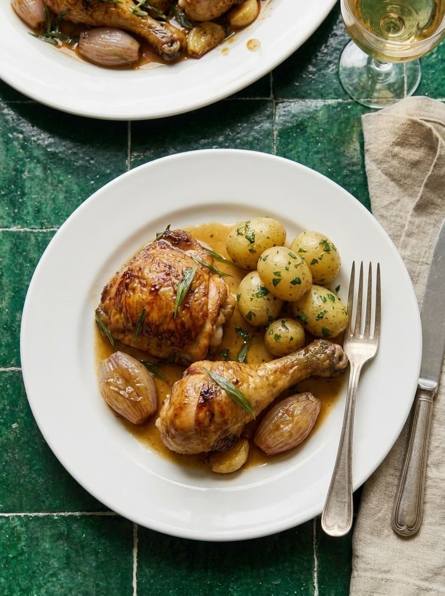 Tarragon chicken overhead top-down shot